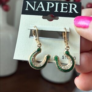 Napier Horseshoe Good Luck Goldtone & Green w/tiny rhinestones,St.Patricks Day